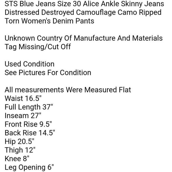 STS Blue Jeans Size 30 Alice Ankle Skinny Jeans Distressed Destroyed Camouflage - Picture 9 of 9